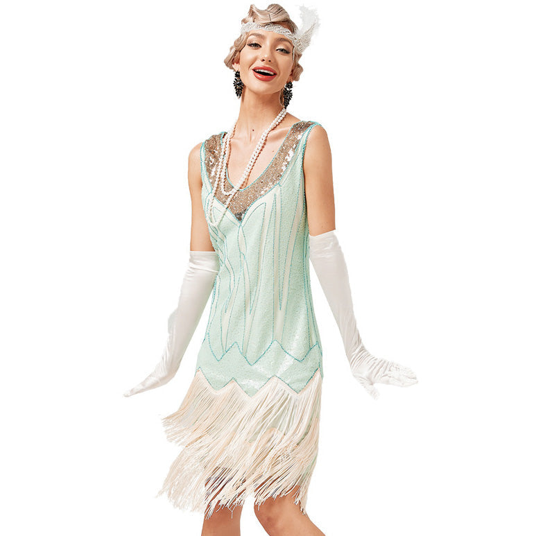 Womens Flapper Dress Sequined Fringe 1920s Gatsby Party Cocktail Dresses Light Green