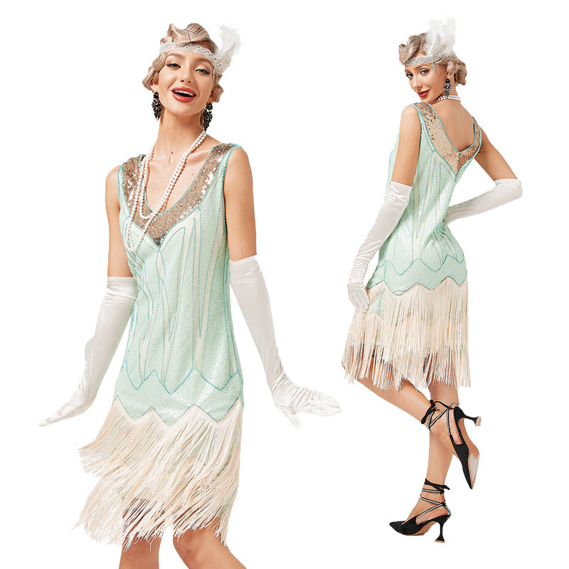 Womens Flapper Dress Sequined Fringe 1920s Gatsby Party Cocktail Dresses Light Green