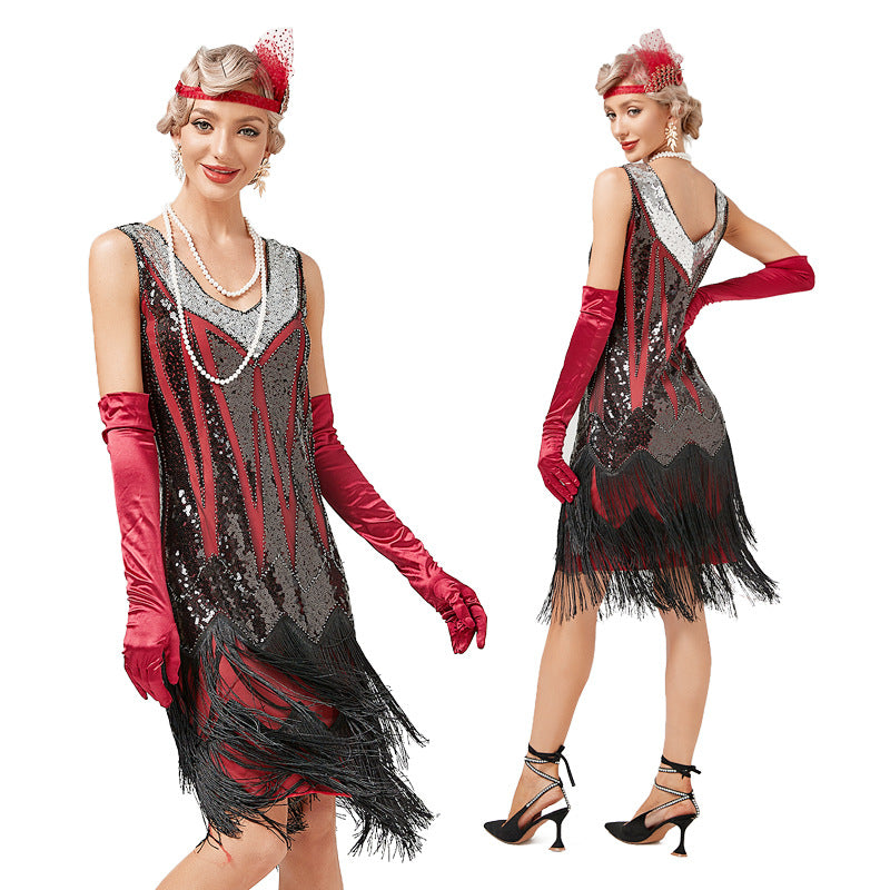 Womens Flapper Dress Sequined Fringe 1920s Gatsby Party Cocktail Dresses Red