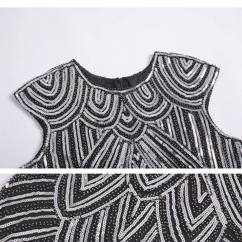 Womens Flapper Dresses 1920s Beaded Fringed Gatsby Dress with Sleeve Roaring White