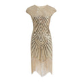 Womens Flapper Dresses 1920s Beaded Fringed Gatsby Dress with Sleeve Roaring Beige