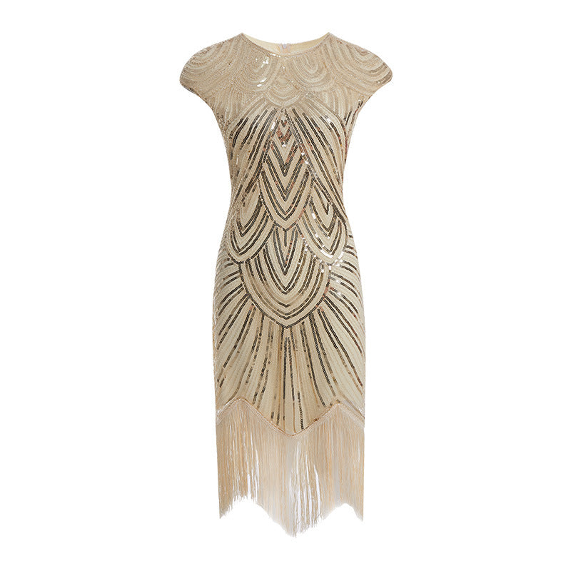 Womens Flapper Dresses 1920s Beaded Fringed Gatsby Dress with Sleeve Roaring Beige