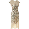 Womens Flapper Dresses 1920s Beaded Fringed Gatsby Dress with Sleeve Roaring Beige