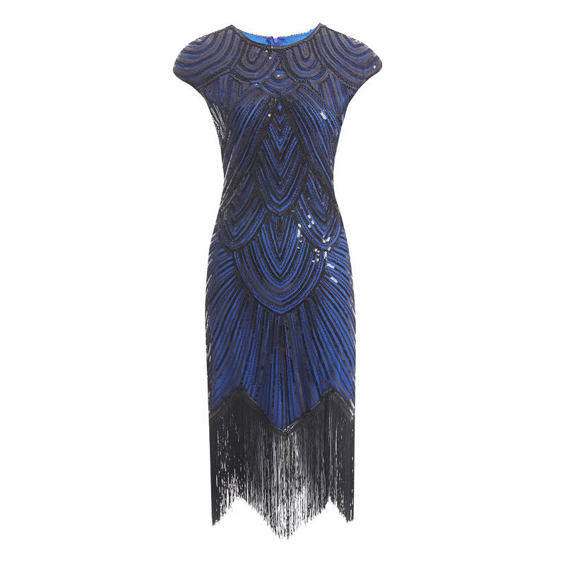 Womens Flapper Dresses 1920s Beaded Fringed Gatsby Dress with Sleeve Roaring BlacK Blue