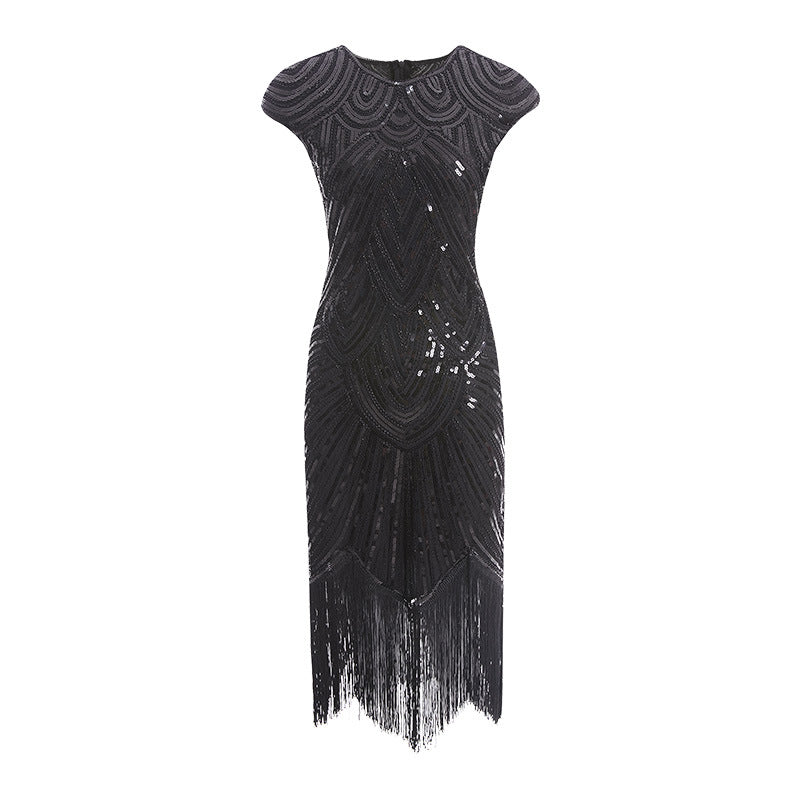 Womens Flapper Dresses 1920s Beaded Fringed Gatsby Dress with Sleeve Roaring Black