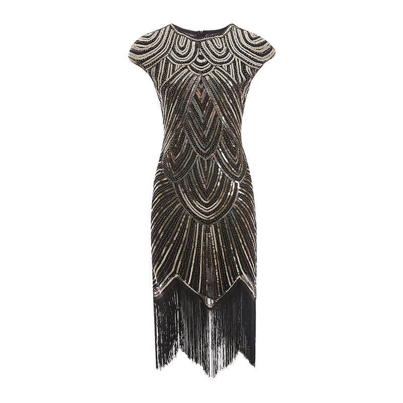Womens Flapper Dresses 1920s Beaded Fringed Gatsby Dress with Sleeve Roaring Gold