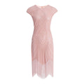 Womens Flapper Dresses 1920s Beaded Fringed Gatsby Dress with Sleeve Roaring Pink