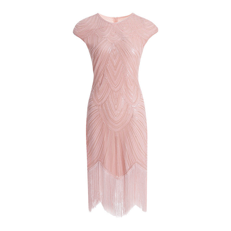 Womens Flapper Dresses 1920s Beaded Fringed Gatsby Dress with Sleeve Roaring Pink