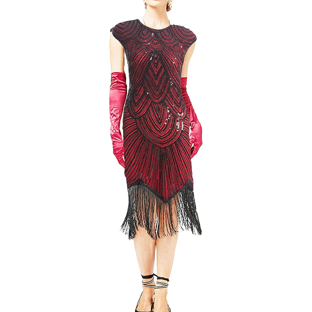 Womens Flapper Dresses 1920s Beaded Fringed Gatsby Dress with Sleeve Roaring Red