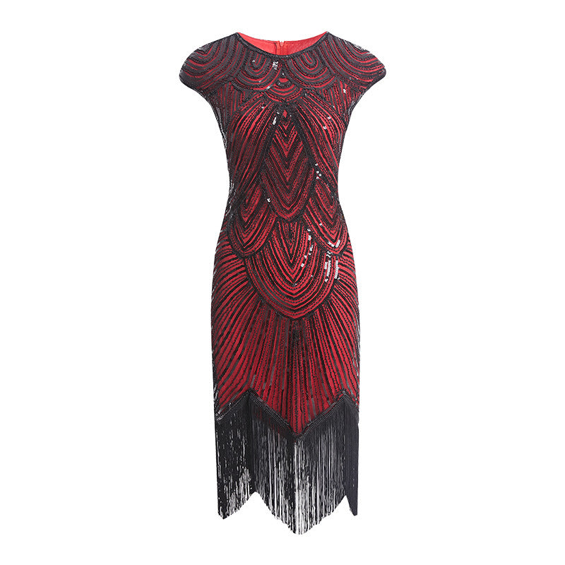 Womens Flapper Dresses 1920s Beaded Fringed Gatsby Dress with Sleeve Roaring Red
