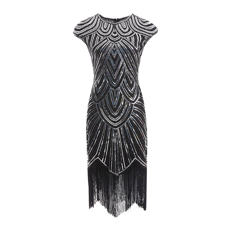 Womens Flapper Dresses 1920s Beaded Fringed Gatsby Dress with Sleeve Roaring Silver