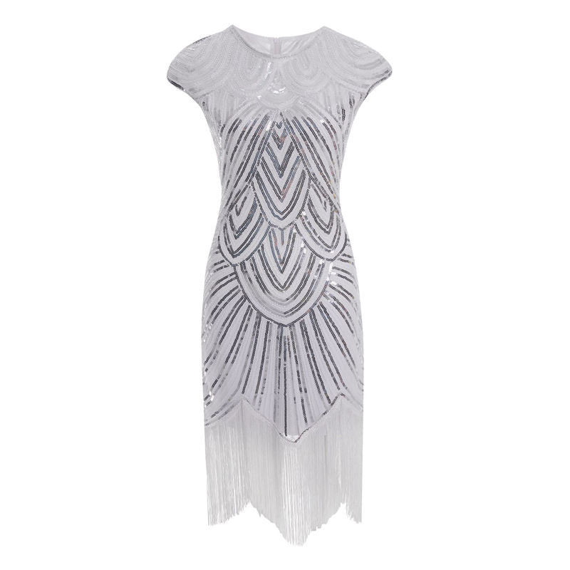 Womens Flapper Dresses 1920s Beaded Fringed Gatsby Dress with Sleeve Roaring White