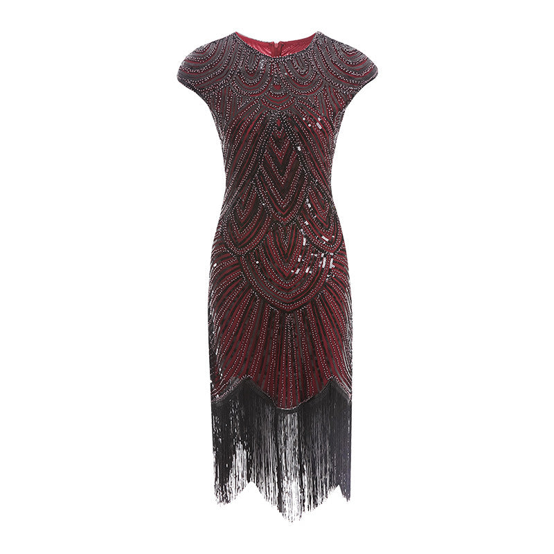 Womens Flapper Dresses 1920s Beaded Fringed Gatsby Dress with Sleeve Roaring Wine