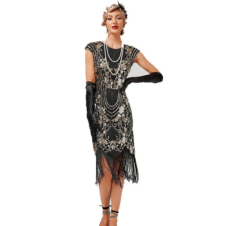 Women's Flapper Dresses 1920s Beaded Fringed Great Gatsby Dress Black