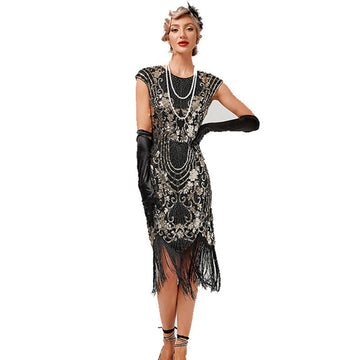 Women's Flapper Dresses 1920s Beaded Fringed Great Gatsby Dress Black