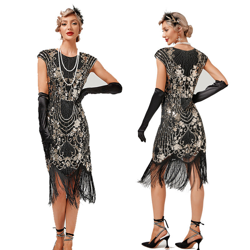 Womens Flapper Dresses 1920s Beaded Fringed Great Gatsby Dress Black