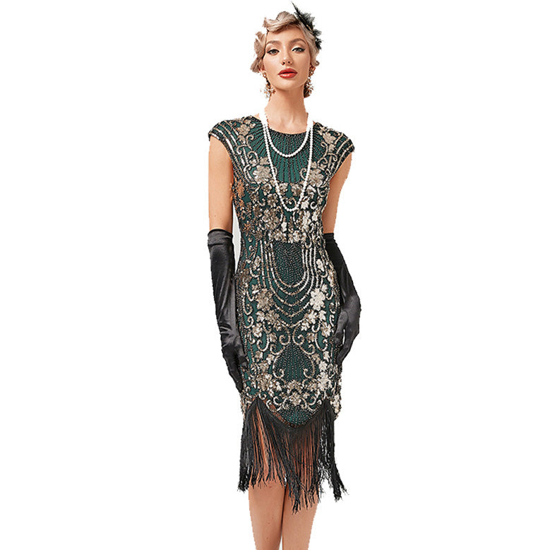 Women's Flapper Dresses 1920s Beaded Fringed Great Gatsby Dress Black