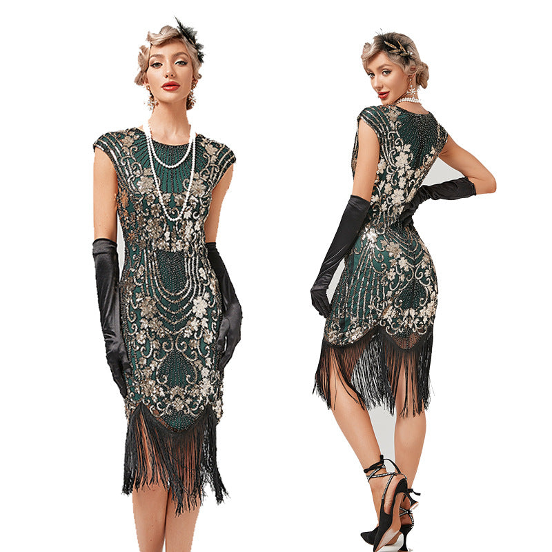 Womens Flapper Dresses 1920s Beaded Fringed Great Gatsby Dress Green