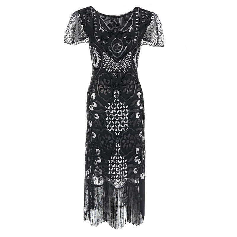 Womens Flapper Dresses 1920s Sequins Art Deco Gatsby Cocktail Dress with Sleeve Silver