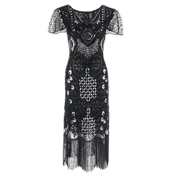 Womens Flapper Dresses 1920s Sequins Art Deco Gatsby Cocktail Dress with Sleeve Silver