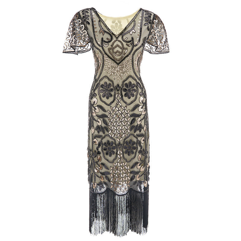 Womens Flapper Dresses 1920s Sequins Art Deco Gatsby Cocktail Dress with Sleeve Silver