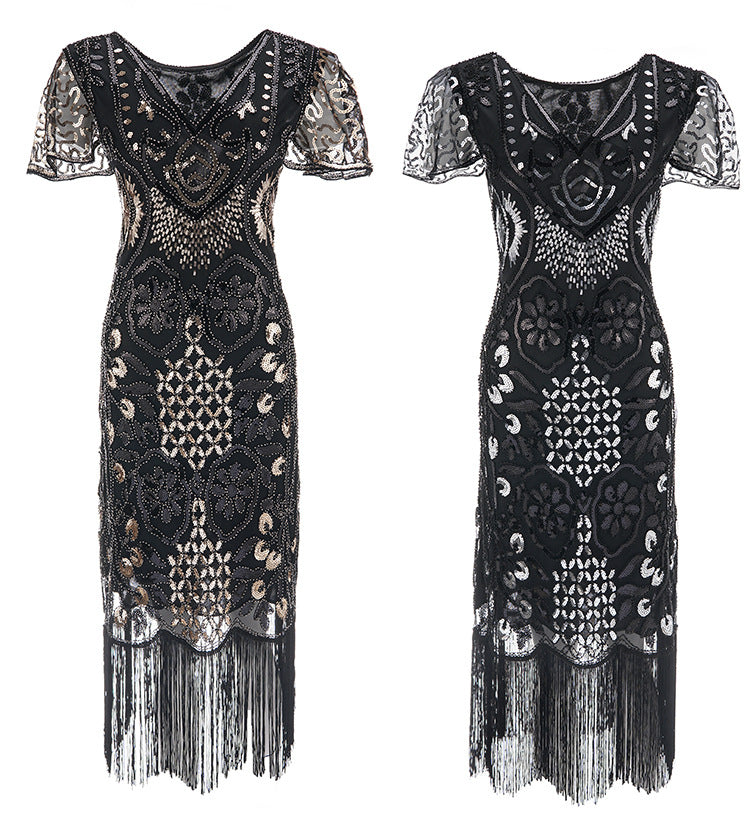 Womens Flapper Dresses 1920s Sequins Art Deco Gatsby Cocktail Dress with Sleeve Black Gold