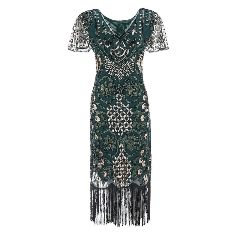 Womens Flapper Dresses 1920s Sequins Art Deco Gatsby Cocktail Dress with Sleeve Green