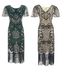Womens Flapper Dresses 1920s Sequins Art Deco Gatsby Cocktail Dress with Sleeve Green Beige