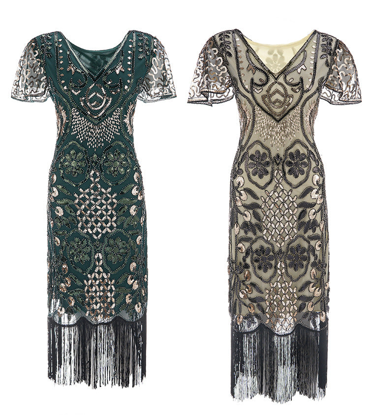 Womens Flapper Dresses 1920s Sequins Art Deco Gatsby Cocktail Dress with Sleeve Green Beige