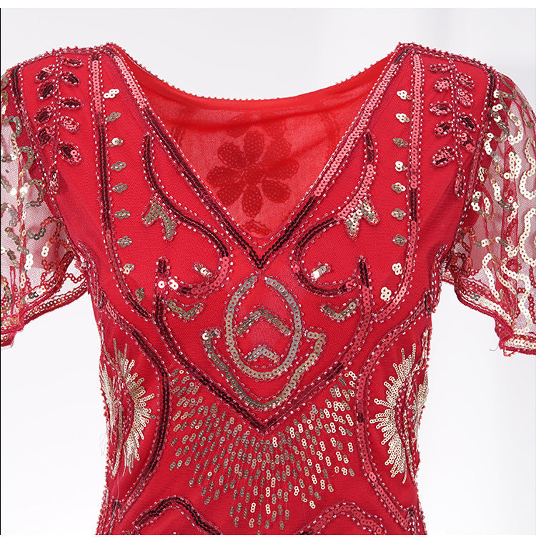Womens Flapper Dresses 1920s Sequins Art Deco Gatsby Cocktail Dress with Sleeve Red