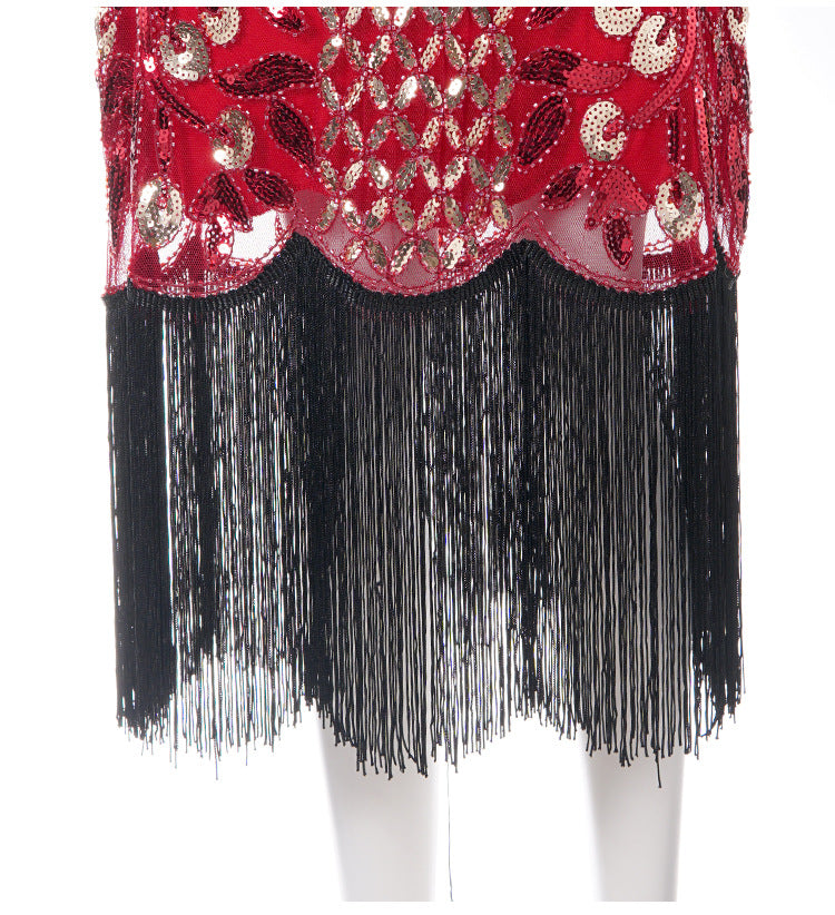 Womens Flapper Dresses 1920s Sequins Art Deco Gatsby Cocktail Dress with Sleeve Red
