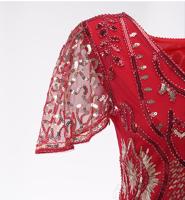 Womens Flapper Dresses 1920s Sequins Art Deco Gatsby Cocktail Dress with Sleeve Red