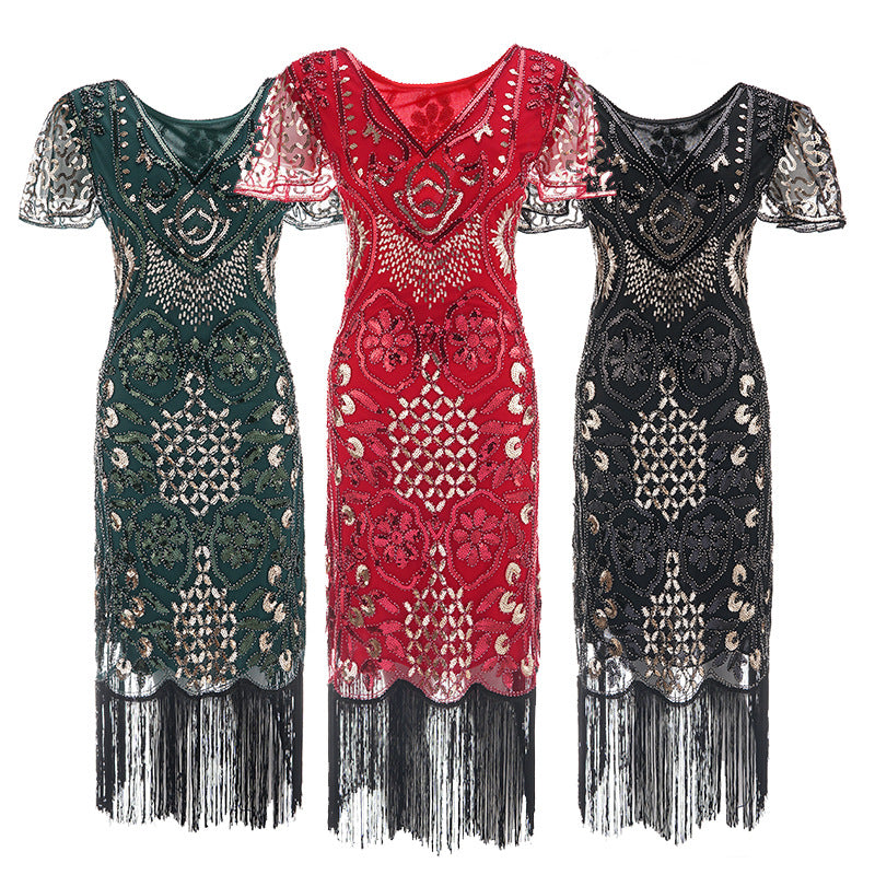 Womens Flapper Dresses 1920s Sequins Art Deco Gatsby Cocktail Dress with Sleeve Red Green Gold
