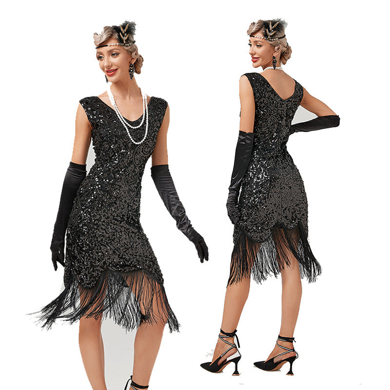 Womens Flapper Dresses 1920s V Neck Beaded Fringed Great Gatsby Dress Black