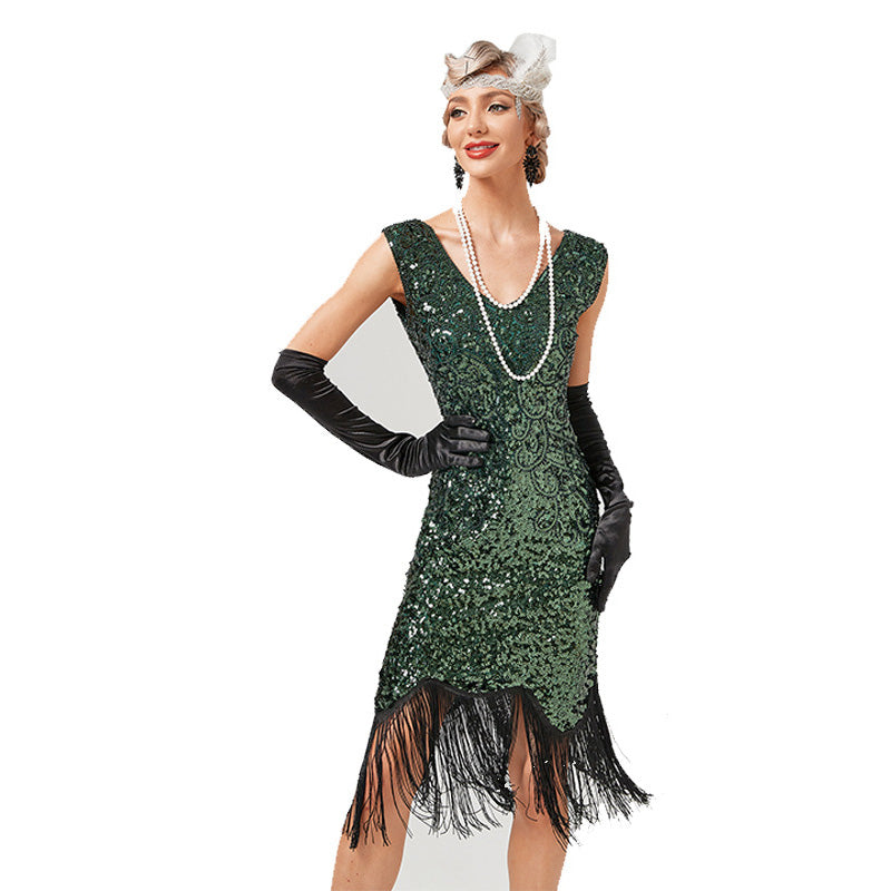 Womens Flapper Dresses 1920s V Neck Beaded Fringed Great Gatsby Dress Green