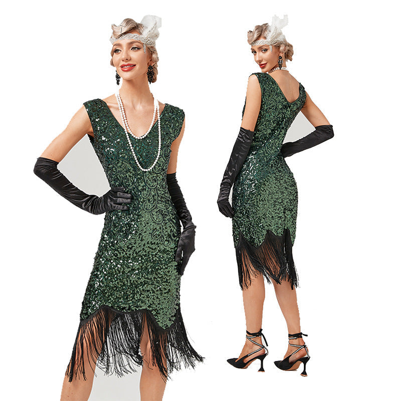 Womens Flapper Dresses 1920s V Neck Beaded Fringed Great Gatsby Dress Green