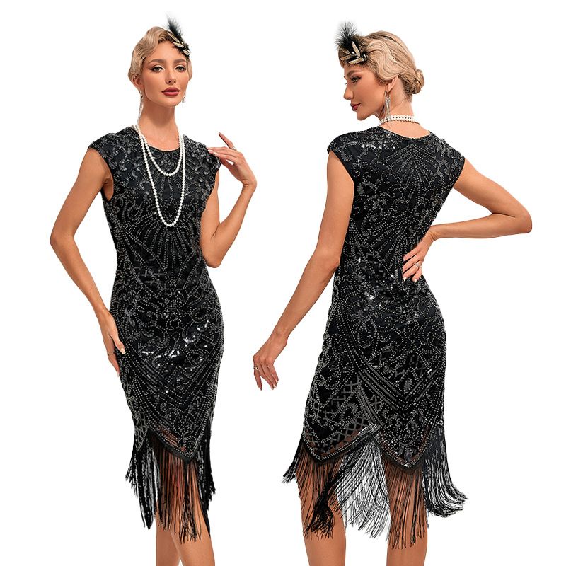 Womens Flapper Dresses 1920s Vintage Beaded Fringed Great Gatsby Dress Roaring 20s Black