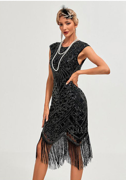Womens Flapper Dresses 1920s Vintage Beaded Fringed Great Gatsby Dress Roaring 20s Black
