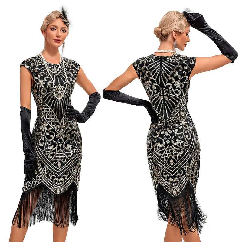 Womens Flapper Dresses 1920s Vintage Beaded Fringed Great Gatsby Dress Roaring 20s Black Gold