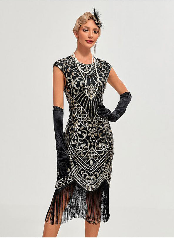 Womens Flapper Dresses 1920s Vintage Beaded Fringed Great Gatsby Dress Roaring 20s Black Gold