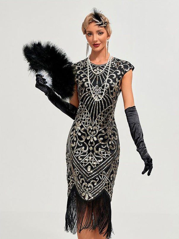 Womens Flapper Dresses 1920s Vintage Beaded Fringed Great Gatsby Dress Roaring 20s Black Gold