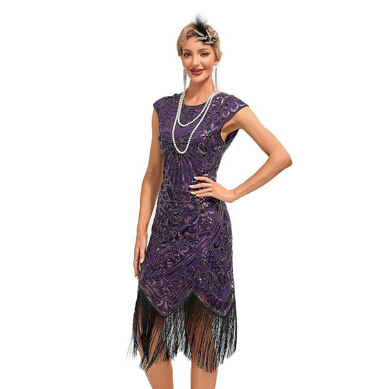 Womens Flapper Dresses 1920s Vintage Beaded Fringed Great Gatsby Dress Roaring 20s Purple