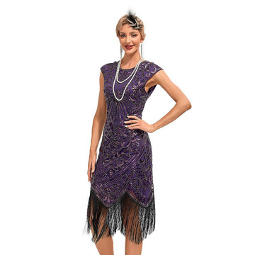 Womens Flapper Dresses 1920s Vintage Beaded Fringed Great Gatsby Dress Roaring 20s Purple