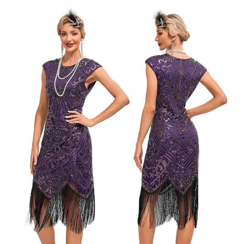 Womens Flapper Dresses 1920s Vintage Beaded Fringed Great Gatsby Dress Roaring 20s Purple
