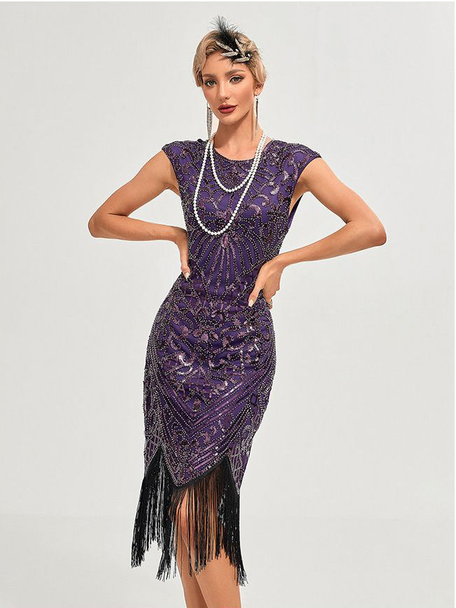 Womens Flapper Dresses 1920s Vintage Beaded Fringed Great Gatsby Dress Roaring 20s Purple