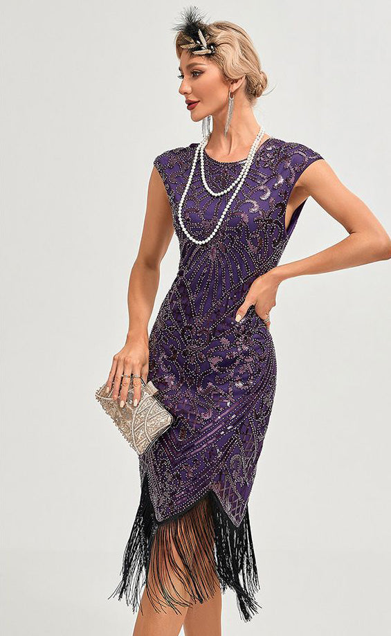 Womens Flapper Dresses 1920s Vintage Beaded Fringed Great Gatsby Dress Roaring 20s Purple