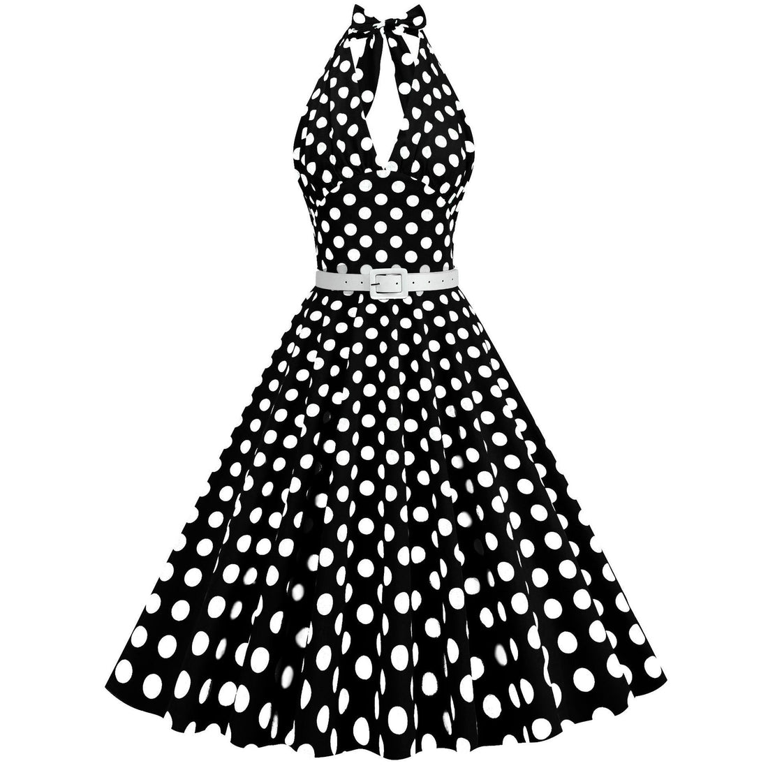 Womens Halter Retro 50s Vintage Polka Dots Tea Dress with Belt Black