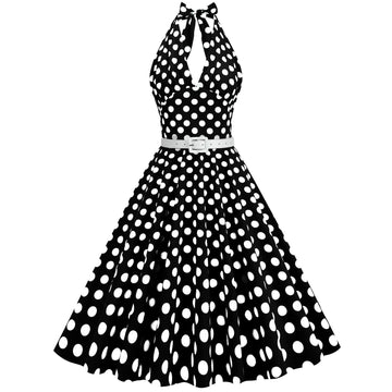Womens Halter Retro 50s Vintage Polka Dots Tea Dress with Belt Black