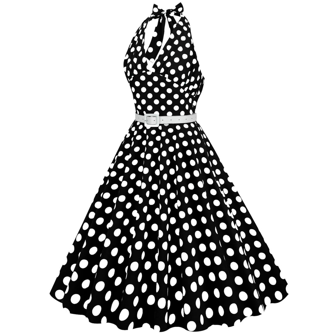 Womens Halter Retro 50s Vintage Polka Dots Tea Dress with Belt Black