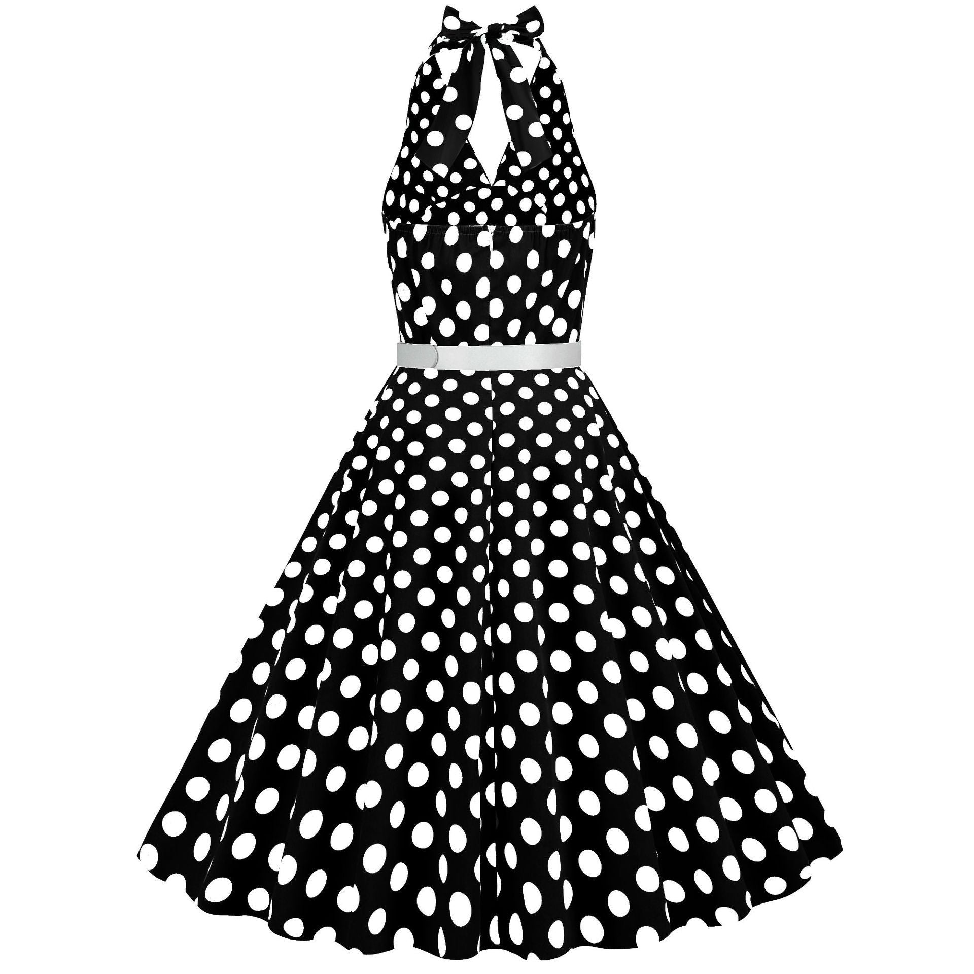 Womens Halter Retro 50s Vintage Polka Dots Tea Dress with Belt Black